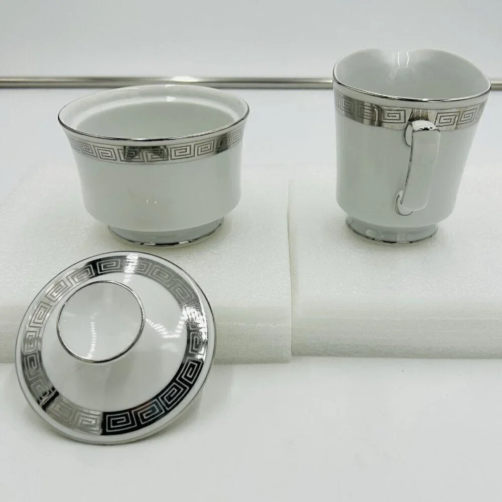 Harmony House Romaic Fine China Cream / Sugar Set Greek Key Platinum Rim 3671